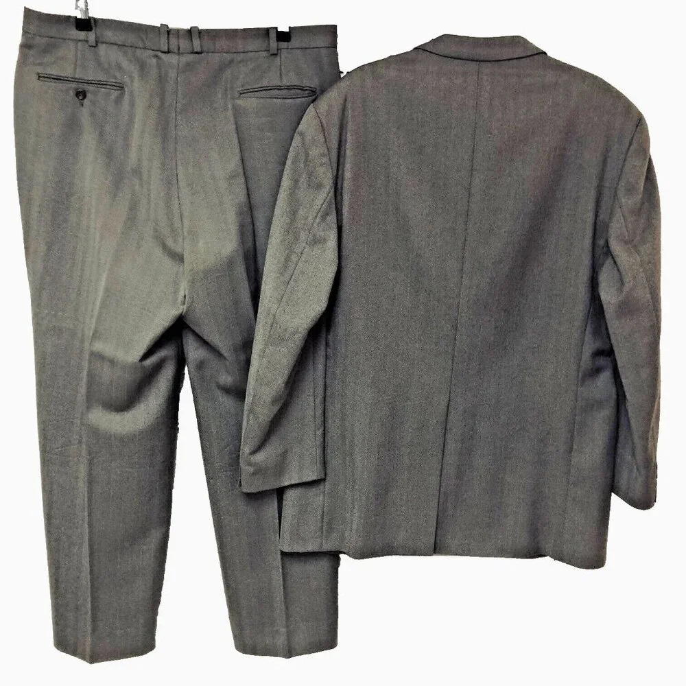 Ralph Lauren Chaps 2 PC Suit Men 46T Wool Lt‎ Brown Herringbone Pleats 38 x 30.5